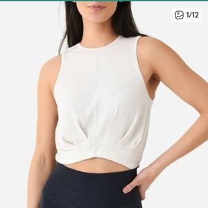 VUORI Heather White Cove High Neck Rib Knit Cropped Summer Modal Tank Top